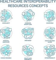 Collection of editable blue thin line icons representing health interoperability resources, isolated monochromatic vector, linear illustration. vector