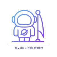 Man on moon pixel perfect gradient linear vector icon. Lunar landing. Astronaut suit. Space achievement. First step. Thin line color symbol. Modern style pictogram. Vector isolated outline drawing