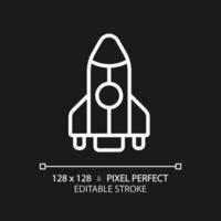 Rocket pixel perfect white linear icon for dark theme. Space vehicle. Aerospace engineering. New product. Future technology. Thin line illustration. Isolated symbol for night mode. Editable stroke vector