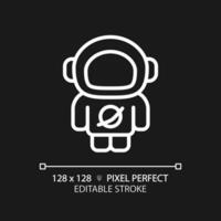 Astronaut pixel perfect white linear icon for dark theme. Space explorer. Rocket scientist. Zero gravity. Science fiction. Thin line illustration. Isolated symbol for night mode. Editable stroke vector