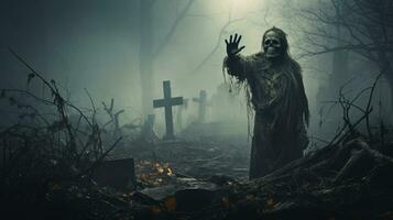 Ghost scenery Halloween background, Zombie Apocalypse, scary haunted cemetery, AI Generative photo