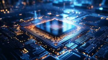 High-tech Computer chip close up shot, production of electronic, circuit board, futuristic design, extreme detail, AI Generative photo