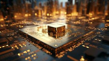 High-tech Computer chip close up shot, production of electronic, circuit board, futuristic design, extreme detail, AI Generative photo