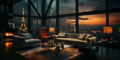 Interior Design modern Living room, windows show stunning view of the city skyline, Empty room apartment, AI Generative photo