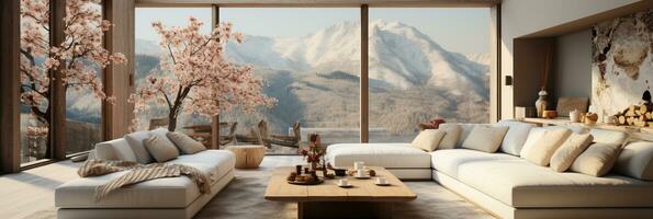 Interior Design, Minimalistic Living room with serene nature view, Beautiful villa design in the forest, AI Generative photo