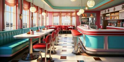 Retro vintage diner restaurant, interior design, stylish old fashioned design concept, AI Generative photo