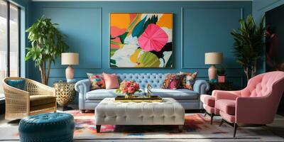 Furnished Modern Living room, bright blue and pink color palette, interior design, AI Generative photo