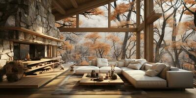 Interior Design, Minimalistic Living room with serene nature view, Beautiful villa design in the forest, AI Generative photo