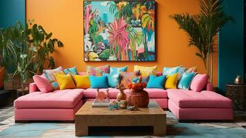 Furnished Modern Living room, bright blue and pink color palette, interior design, AI Generative photo