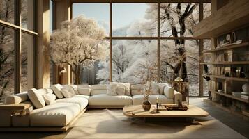 Interior Design, Minimalistic Living room with serene nature view, Beautiful villa design in the forest, AI Generative photo