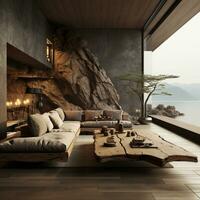 Interior Design, Living room with serene nature view, Beautiful mansion design in the forest, AI Generative photo