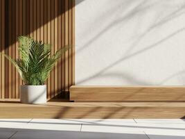 3d de madera monitor podio con planta en contra madera tablón y blanco pared. 3d representación de realista presentación para producto publicidad. 3d interior ilustración. foto