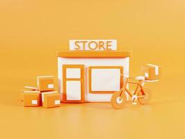 3d representación de resumen Tienda edificio con cajas y bicicleta aislado en naranja antecedentes. 3d entrega negocio ilustración. foto