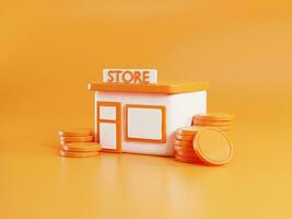 3d rendering of store building with the coins isolated on orange background. 3d business illustration. photo