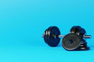 3d black dumbbell with weight plates isolated on blue background. 3d rendering of realistic fitness equipment with copy space. 3d illustration. photo