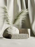 3d brick podium with dried plant and stone on beige fabric background. 3d rendering of realistic presentation for product advertising. 3d minimal illustration. photo