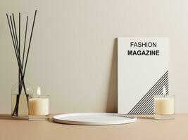 3d white ceramic plate with magazines, candles and diffuser against beige wall. 3d rendering of realistic presentation for product advertising. 3d minimal illustration. photo