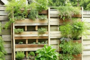 paletas con colgando plantas vertical jardín. antecedentes. ai generativo Pro foto