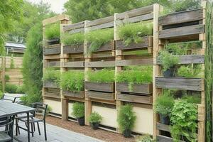 paletas con colgando plantas vertical jardín. antecedentes. ai generativo Pro foto