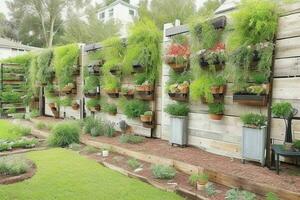 paletas con colgando plantas vertical jardín. antecedentes. ai generativo Pro foto