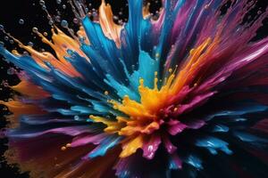 Color liquid splashes on black background. Generative AI photo