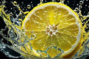 limones y sus rebanadas que cae dentro agua y salpicando generativo ai foto