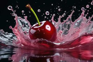 cerezas en agua chapoteo en negro antecedentes. generativo ai foto