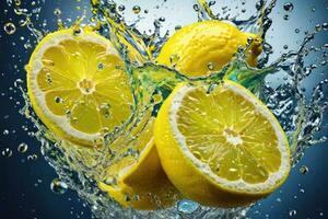 lemons and its slices falling into water and splashing. Generative AI photo