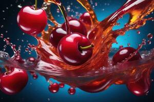 Cherries in water splash on black background. Generative AI photo