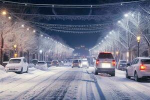 Night snowy Christmas city street. background. AI Generative Pro Photo