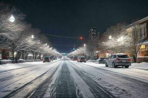 Night snowy Christmas city street. background. AI Generative Pro Photo