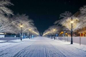 Night snowy Christmas city street. background. AI Generative Pro Photo