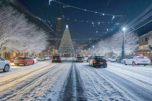 Night snowy Christmas city street. background. AI Generative Pro Photo