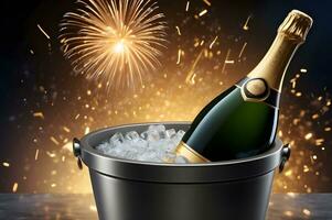 Celebrating champagne bottle and glasses and fireworks background photo