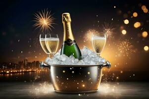 Celebrating champagne bottle and glasses and fireworks background photo