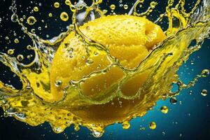 lemons and its slices falling into water and splashing. Generative AI photo