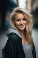 Beautiful blond young woman wearing sweater hoodie stay and posing on city street. Focus with bokeh. Generative AI photo