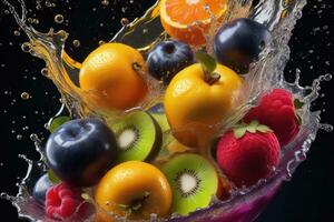 Fruta mezcla que cae dentro agua y salpicando generativo ai foto