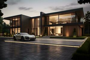 modern house with car parking outside AI Generated photo