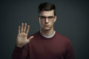 Serious young man in glasses showing stop gesture on dark grey background AI Generated photo