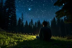 Young man sitting on the grass in the mountains and looking at the starry sky AI Generated photo
