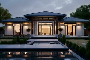 One story minimalist modern luxury house with large remaining land AI Generated photo