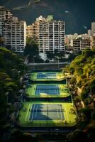 tenis Corte en el medio de el ciudad con un Departamento edificio en el antecedentes ai generado foto