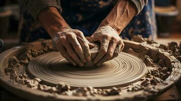 Potter working on pottery wheel, closeup of hands AI Generated photo