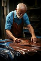 Senior craftsman working with leather in his workshop AI Generated photo