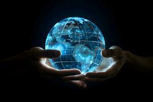 Globe in human hands, glowing with light AI Generated photo