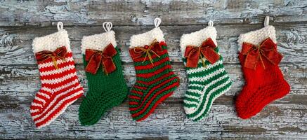 Christmas socks decorated with bows photo