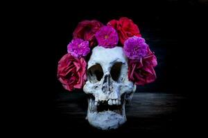 humano cráneo con rosas para día de el muerto foto