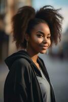 hermosa negro piel joven mujer vistiendo suéter capucha permanecer y posando en ciudad calle. atención con Bokeh. generativo ai foto