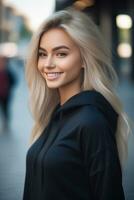 Beautiful blond young woman wearing sweater hoodie stay and posing on city street. Focus with bokeh. Generative AI photo